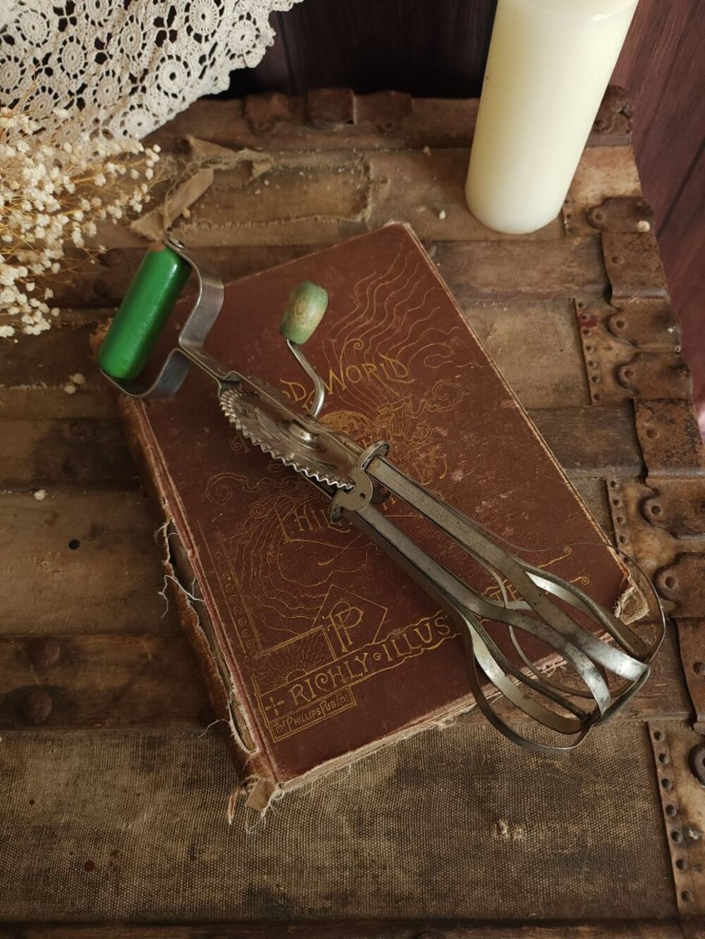 Vintage 190s Hand Mixer, A&J Manual High Speed Egg Beater with Green Wood Handle